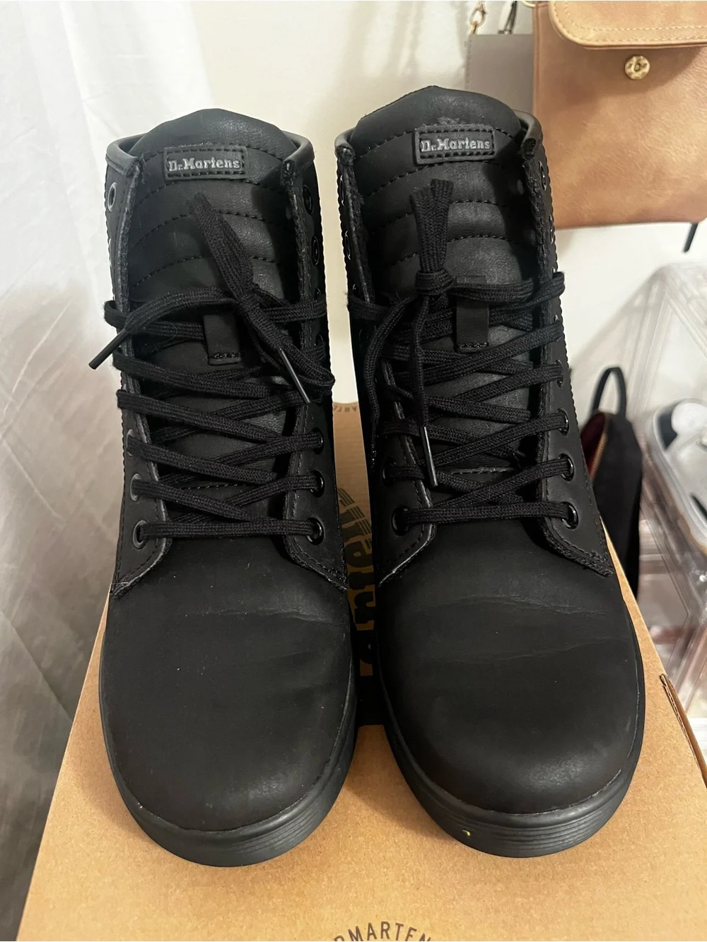 Dr. Martens Black High-Top Lace-Up Boots with Yellow Stitching